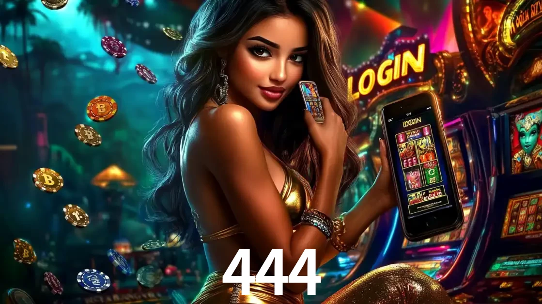 Mulher em um cenário de cassino temático de aventura, mostrando o app de caça-níqueis da 444 no celular. Fichas de apostas flutuam ao redor.