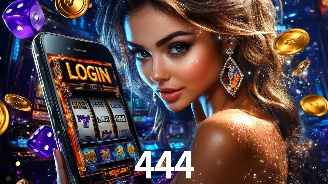 Mulher glamorosa segurando um smartphone com a tela de login para os jogos de caça-níqueis do cassino online 444, com moedas de ouro e dados ao redor.