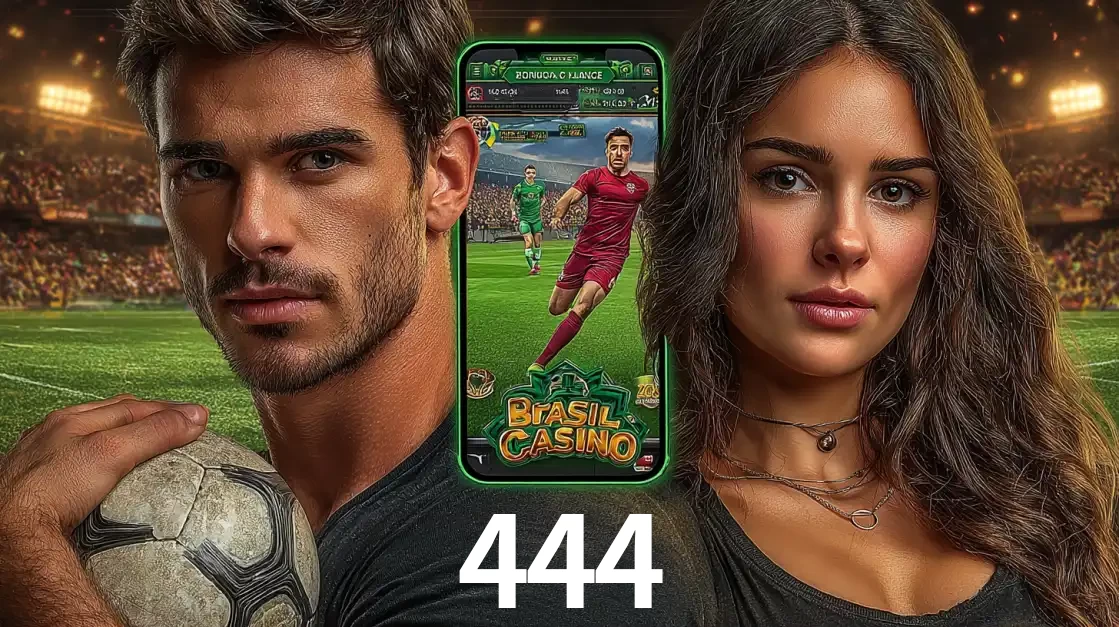 Homem segurando uma bola de futebol e uma mulher ao lado de um smartphone exibindo o jogo de apostas esportivas da 444. Faça seu palpite no cassino online.